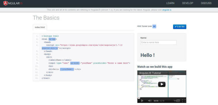 A screenshot of the AngularJS documentation website showing a basic tutorial with HTML code on the left and a live preview on the right.