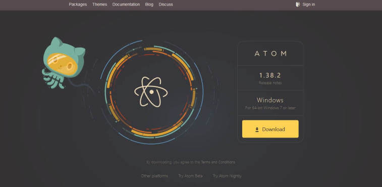 A screenshot of the Atom text editor website showing version 1.38.2 available for download.
