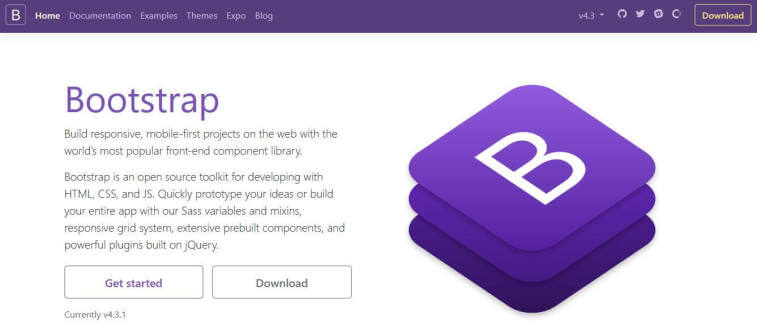 A screenshot of the Bootstrap homepage featuring the purple Bootstrap logo, navigation bar, heading, and description text for the front-end library.