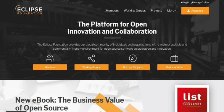A screenshot of the Eclipse Foundation website homepage with the tagline The Platform for Open Innovation and Collaboration.