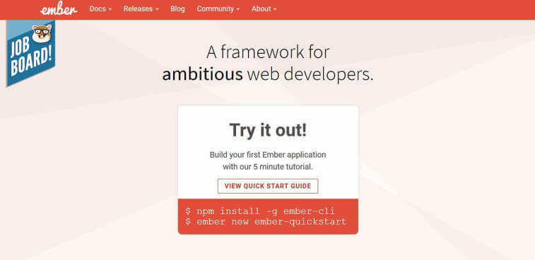 Screenshot of the Ember.js homepage featuring the tagline A framework for ambitious web developers and a code snippet to get started.