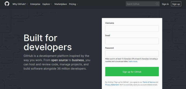 A screenshot of the GitHub registration page with a dark background, showing the text "Built for developers" and a signup form on the right.