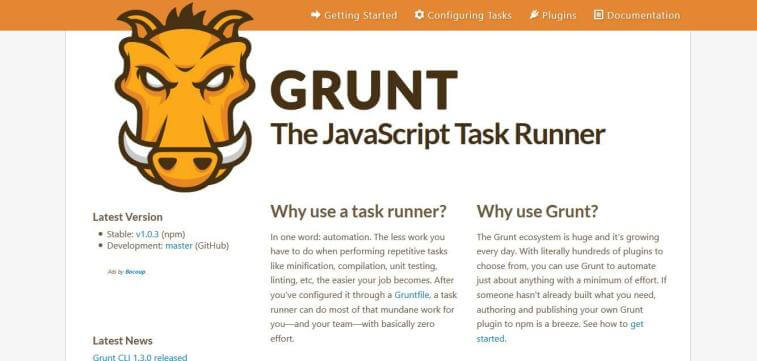 Grunt website homepage featuring its orange mascot, the text "GRUNT: The JavaScript Task Runner," and sections explaining why to use task runners and Grunt.