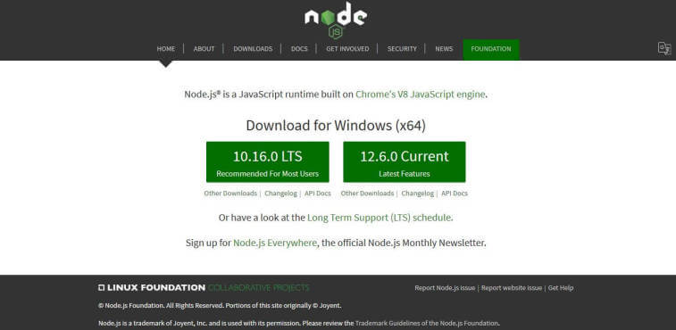 A screenshot of the Node.js website homepage, featuring the green Node.js logo, top navigation bar, and download options for Windows including version 10.16.0 LTS and version 12.6.0 Current.