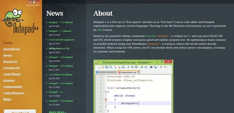 Screenshot of the Notepad++ website homepage showing its logo featuring a chameleon, a news section, an about section describing the software, and a preview of the text editor interface with C++ code.