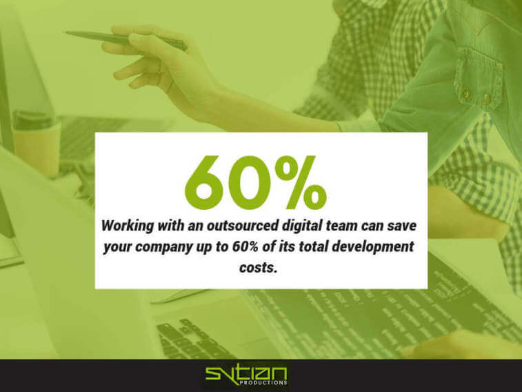 Infographic stating that working with an outsourced digital team can save up to 60 percent in development costs, overlaid on a green-tinted office scene with people working on laptops.