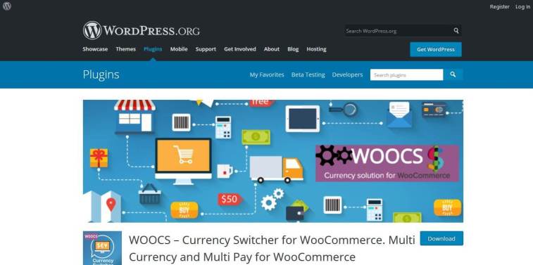 A screenshot of the WordPress.org plugin directory showing the WOOCS Currency Switcher for WooCommerce plugin page with an e-commerce themed banner.