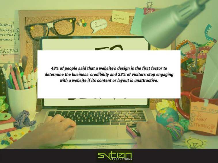 A laptop on a desk displaying text about website design statistics overlaid on the screen.