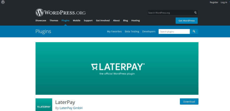 Screenshot of the WordPress.org plugins page showcasing the LaterPay plugin with its teal banner, logo, and download button.
