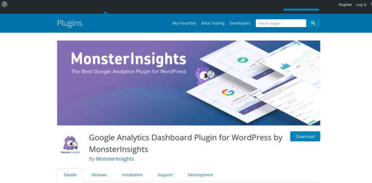 A screenshot of the MonsterInsights WordPress plugin page displaying its title and dashboard preview graphics.