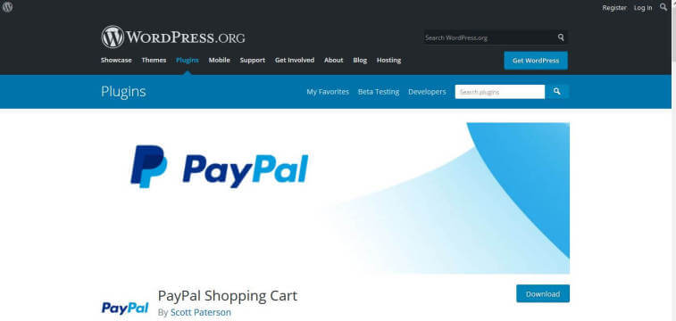 Screenshot of the WordPress plugins page for PayPal Shopping Cart by Scott Paterson.