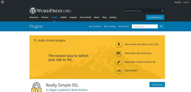 A screenshot of the WordPress.org plugins page for the Really Simple SSL plugin, featuring a yellow banner with key features and a download button.
