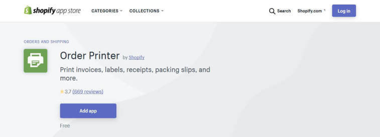 A screenshot of the Shopify App Store page for the Order Printer app, showing its title, description, rating, and an Add app button.
