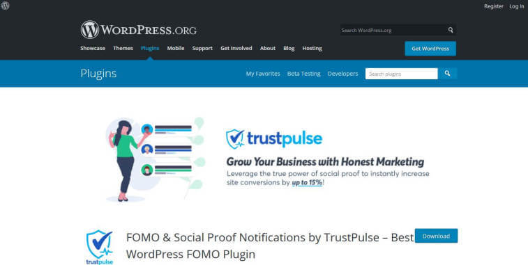 A screenshot of the TrustPulse plugin page on WordPress.org, featuring an illustration of a woman beside notification bubbles and the heading "Grow Your Business with Honest Marketing."