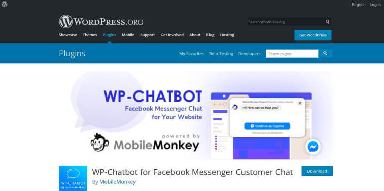 A screenshot of the WordPress plugin page for WP-Chatbot for Facebook Messenger Customer Chat by MobileMonkey.