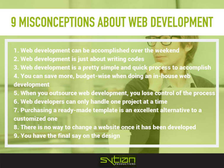 An infographic titled 9 Misconceptions About Web Development lists nine common myths, such as development taking just a weekend or being only about writing code, with a thoughtful person holding a laptop in the background.