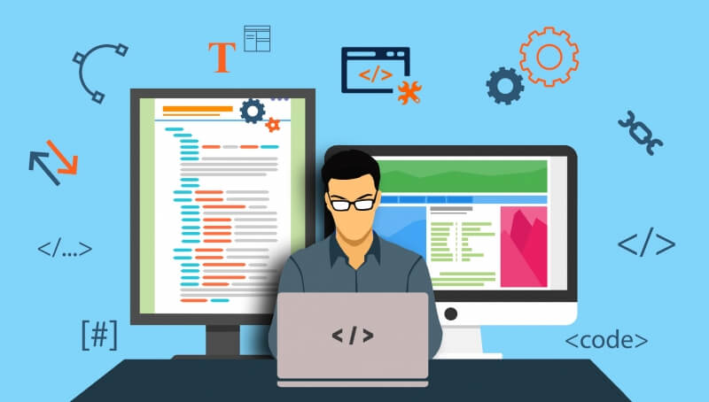 Illustration of a web developer working on a laptop, flanked by two monitors displaying code and web page layouts, surrounded by floating design and programming icons against a light blue background.