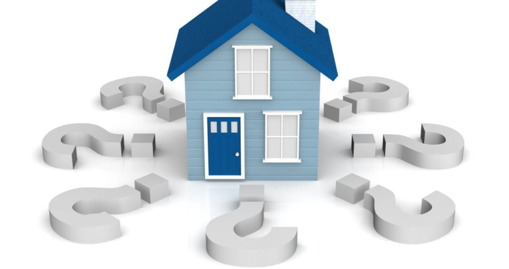 A small blue house surrounded by large grey question marks on a white background.