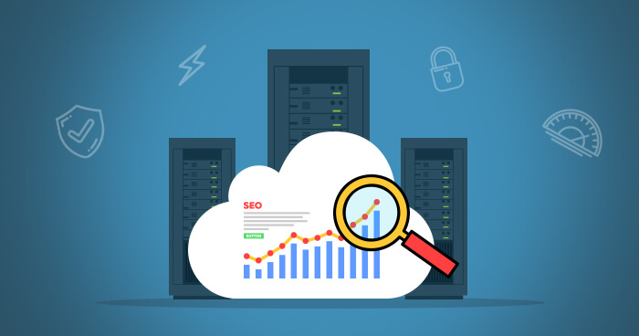 A graphic illustration of server racks and a cloud with SEO analytics and a magnifying glass, set against a blue background.