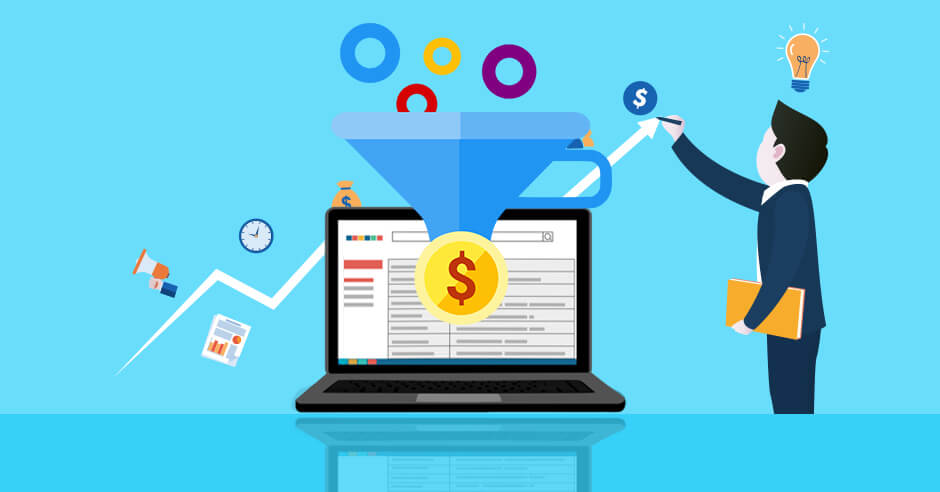 A businessman drawing an upward-trending line with a dollar sign above a laptop displaying a website funnel conversion graphic.