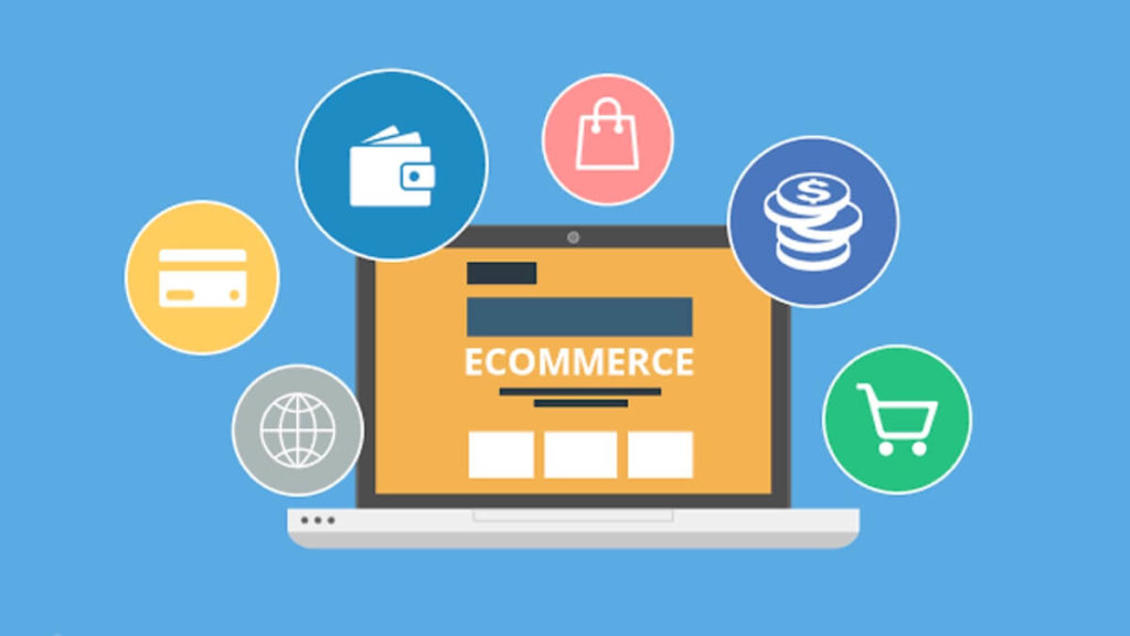 An illustration of a laptop displaying an e-commerce website with floating icons representing online shopping, payment, and finance against a blue background.