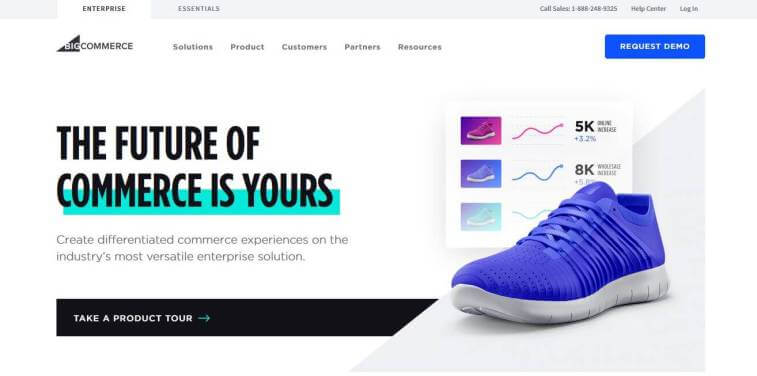 A screenshot of the BigCommerce homepage featuring the headline THE FUTURE OF COMMERCE IS YOURS alongside a graphic of a blue sneaker and analytics charts.