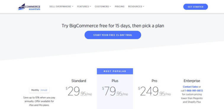 Screenshot of the BigCommerce pricing page showing Standard ($29.95/mo), Plus ($79.95/mo, marked most popular), Pro ($249.95/mo), and Enterprise custom pricing plans.