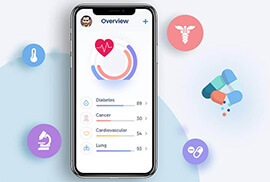 A smartphone displaying a healthcare mobile app interface with health metrics, heart rate monitors, and medical icons floating in the background.