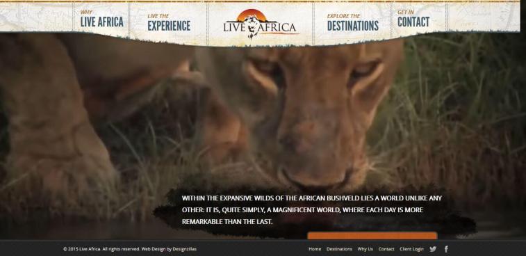A lion drinks water from a river in a savannah, with website header overlaying the top.