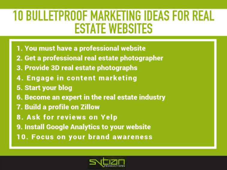An infographic with a green background titled "10 bulletproof marketing ideas for real estate websites," listing tips from having a professional website to focusing on brand awareness.