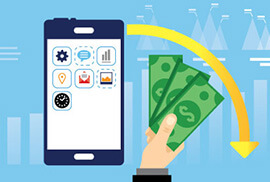 An illustration showing a smartphone with app icons next to a hand holding dollar bills under a curved yellow arrow pointing downward.