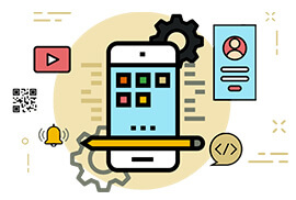 An illustration of a smartphone surrounded by mobile app development elements, including a gear, pencil, user profile, code symbol, and video icon.