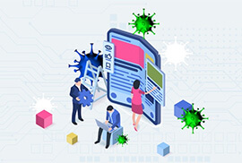 An isometric illustration depicts three people working on a large mobile app interface, surrounded by stylized green and blue virus cells against a light gray tech-themed background.