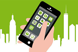 Illustration of a hand holding a smartphone with app icons on the screen, set against a green city skyline.