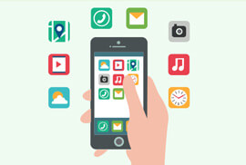 An illustrated hand holding a smartphone, surrounded by various mobile application icons on a pale green background.