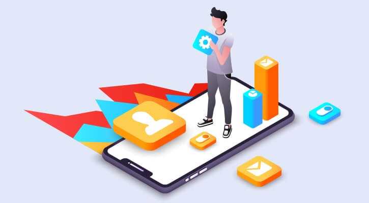 An isometric illustration shows a man standing on a large smartphone surrounded by app icons and colorful graphs representing mobile application development.