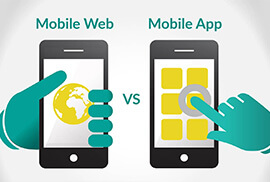 An illustration comparing mobile web and mobile app, showing two smartphones with hands interacting with a web browser globe icon and app icon grid.