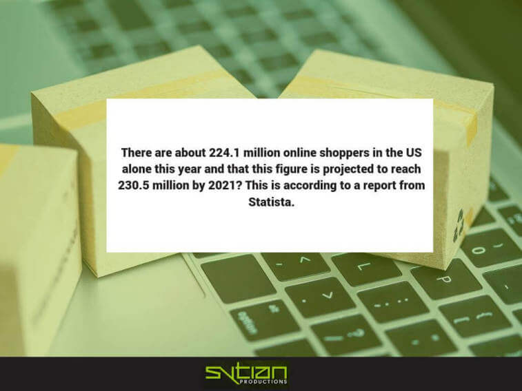 Cardboard boxes and a laptop keyboard in the background, with text overlaid that states there are about 224.1 million online shoppers in the US.