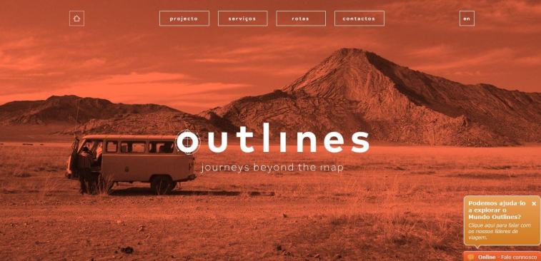 A website screenshot shows a vintage camper van parked in a barren, mountainous landscape under a reddish tint, with text reading "outlines" and "journeys beyond the map" overlaying the center.