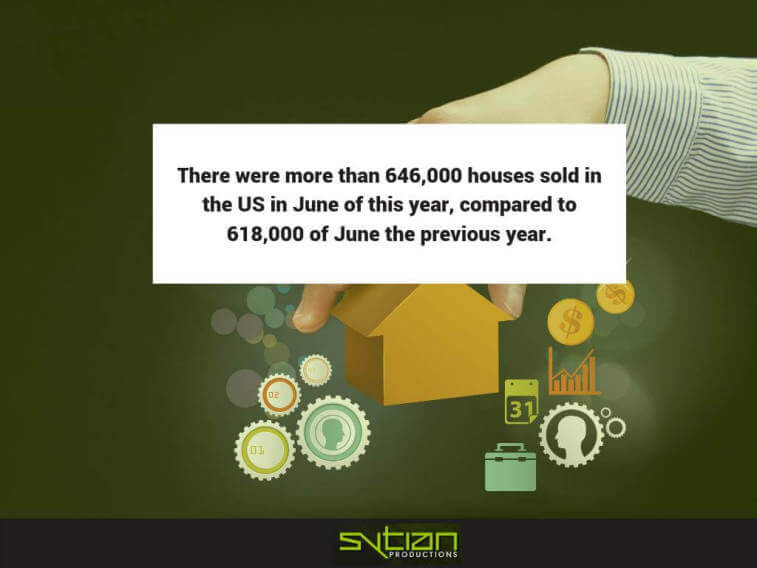 A hand places a wooden house icon over business and real estate icons, with a text box displaying US housing market statistics for June.
