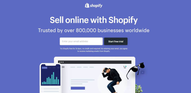 Shopify's landing page featuring the headline "Sell online with Shopify" and a form to start a free trial.