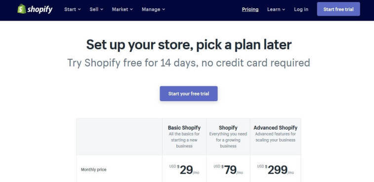 A screenshot of Shopify's pricing page showing plans including Basic Shopify for $29/mo, Shopify for $79/mo, and Advanced Shopify for $299/mo, with a "Start free trial" button.