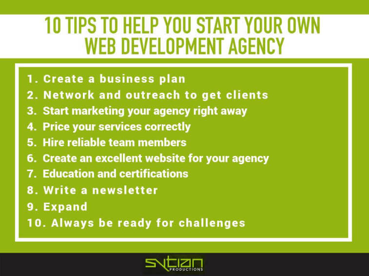 Infographic with the title 10 Tips to Help You Start Your Own Web Development Agency, listing ten numbered tips from creating a business plan to being ready for challenges.