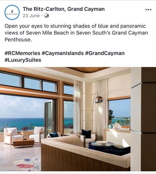 Facebook post from The Ritz-Carlton, Grand Cayman featuring a luxury hotel suite with a balcony overlooking the ocean.