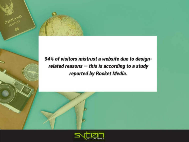 Infographic displaying text that reads 94% of visitors mistrust a website due to design related reasons, set against a flat lay of travel items including a globe, passport, camera, and model airplane on a green background.