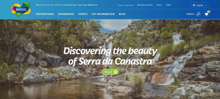 Screenshot of the Visit Brazil tourism website featuring a banner of waterfalls in Serra da Canastra with the text Discovering the beauty of Serra da Canastra and a Read button.
