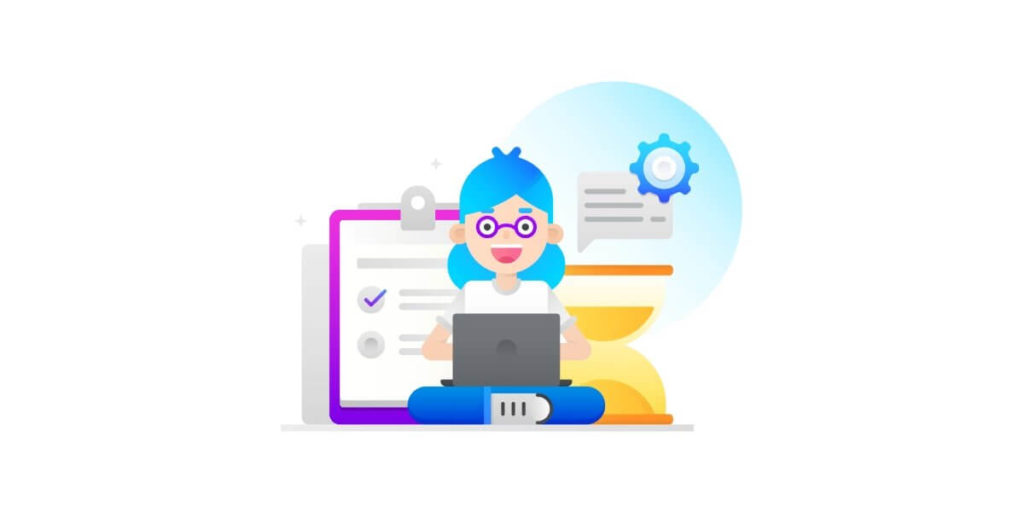 An illustration of a blue-haired person working on a laptop, with a clipboard, speech bubble, and gear symbol in the background.