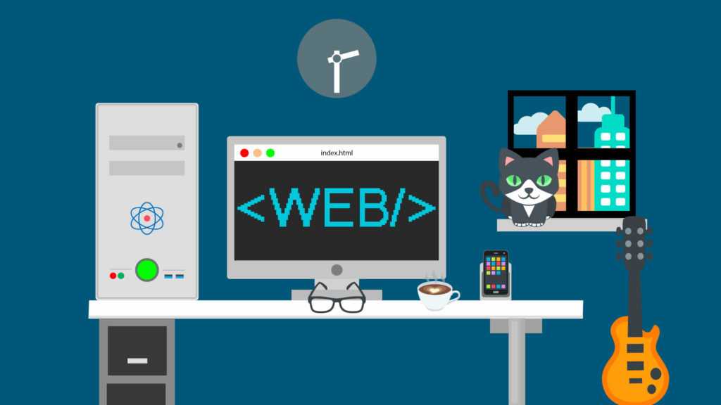 A minimalist, flat-style vector illustration of a cozy web developer's desk against a blue background, featuring a computer displaying the text WEB inside HTML tags, a cat sitting on a windowsill, a coffee cup, glasses, and an electric guitar.
