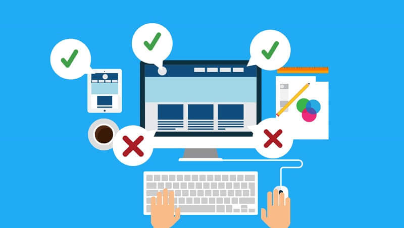 An illustration of a computer setup with a monitor, keyboard, and mouse, surrounded by icons indicating web development best practices and mistakes.