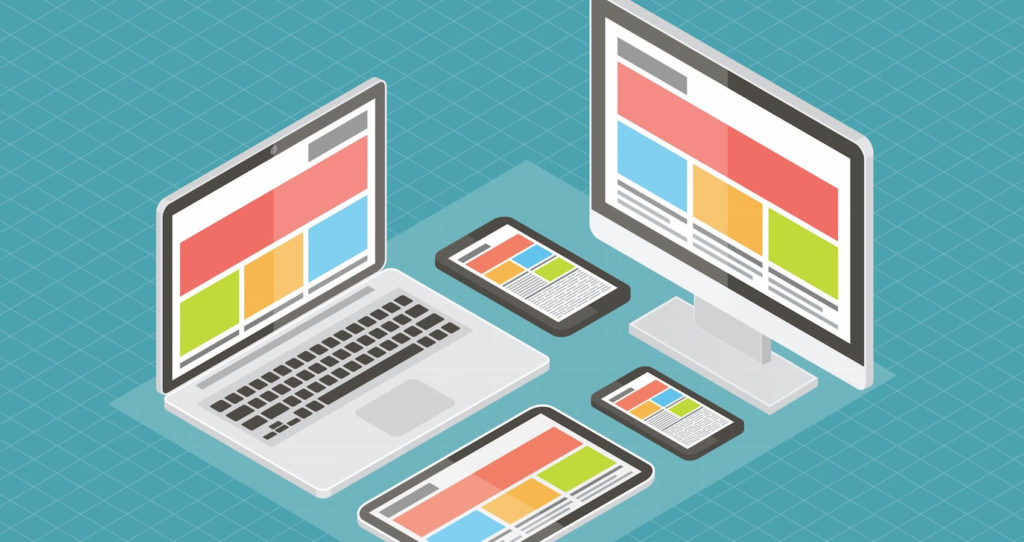 An isometric illustration of responsive web design featuring a desktop monitor, laptop, tablet, and smartphone displaying a matching website layout on a blue grid background.